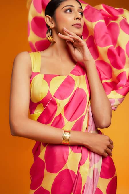 Ranbir Mukherjee Calcutta_Pink Satin, Silk Polka Dot Saree Set _Online_at_Aza_Fashions