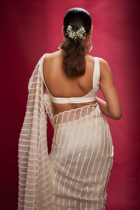 Ranbir Mukherjee Calcutta White Organza Hand Embroidered Saree Set 