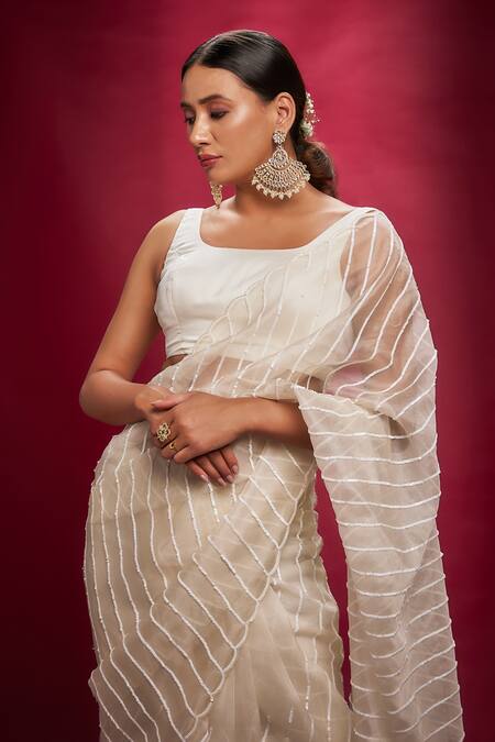 Buy Ranbir Mukherjee Calcutta White Organza Sequins Hand Embroidered Saree Set Online at Aza Fashions Buy_Ranbir Mukherjee Calcutta_White Organza Sequins Hand Embroidered Saree Set _Online_at_Aza_Fashions