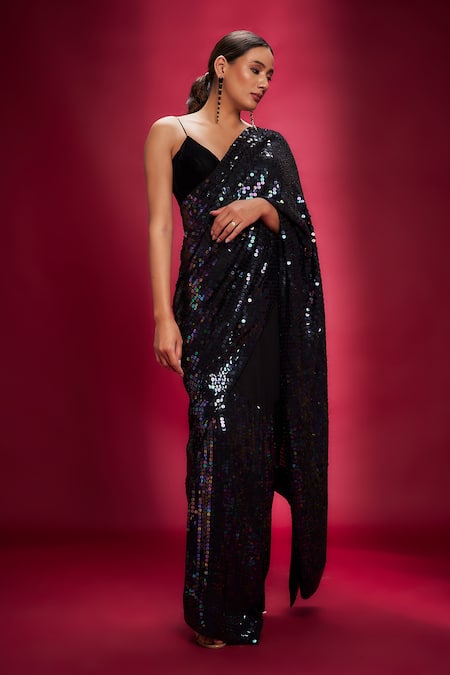 Ranbir Mukherjee Calcutta_Black Georgette Sequins Embroidered Saree Set _Online_at_Aza_Fashions