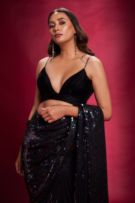 Buy_Ranbir Mukherjee Calcutta_Black Georgette Sequins Embroidered Saree Set _Online_at_Aza_Fashions