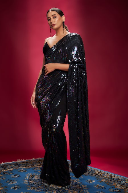 Shop_Ranbir Mukherjee Calcutta_Black Georgette Sequins Embroidered Saree Set _Online_at_Aza_Fashions