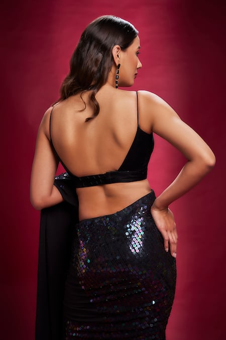 Ranbir Mukherjee Calcutta Black Sequin Embroidered Saree Set 