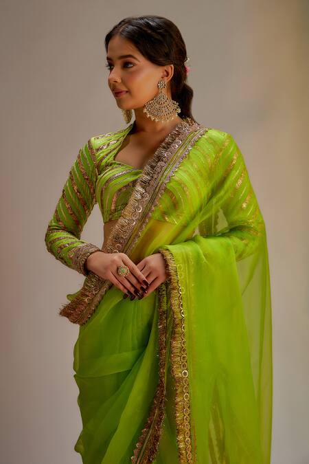 Ranbir Mukherjee Calcutta Green Organza Gota Patti Embroidered Saree Set Online at Aza Fashions Ranbir Mukherjee Calcutta_Green Organza Gota Patti Embroidered Saree Set _Online_at_Aza_Fashions