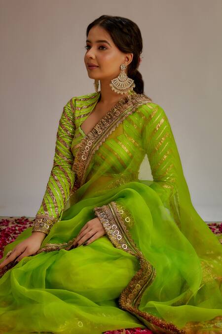 Buy Ranbir Mukherjee Calcutta Green Organza Gota Patti Embroidered Saree Set Online at Aza Fashions Buy_Ranbir Mukherjee Calcutta_Green Organza Gota Patti Embroidered Saree Set _Online_at_Aza_Fashions