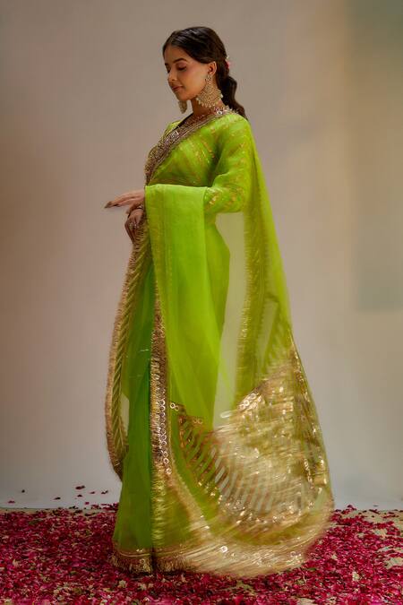 Shop Ranbir Mukherjee Calcutta Green Organza Gota Patti Embroidered Saree Set Online at Aza Fashions Shop_Ranbir Mukherjee Calcutta_Green Organza Gota Patti Embroidered Saree Set _Online_at_Aza_Fashions