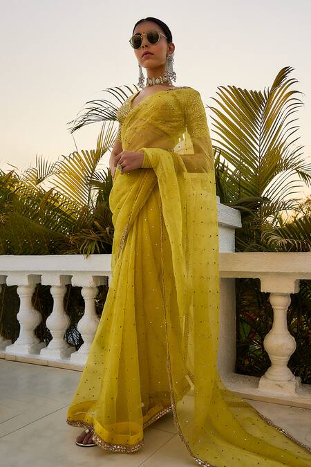 Buy_Ranbir Mukherjee Calcutta_Yellow Organza Lime Saree With Blouse _Online_at_Aza_Fashions