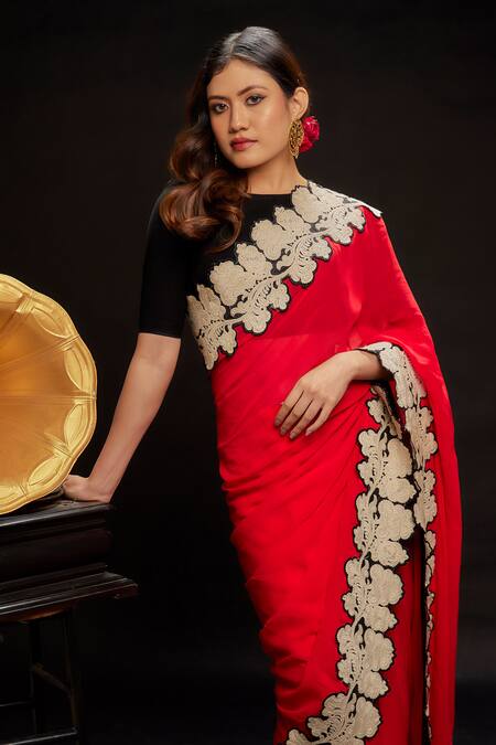 Shop_Ranbir Mukherjee Calcutta_Red Georgette, Crepe Embroidery Floral Border Saree Set _Online_at_Aza_Fashions
