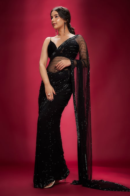 Ranbir Mukherjee Calcutta_Black Georgette, Net Stones And Designer Saree Set _Online_at_Aza_Fashions