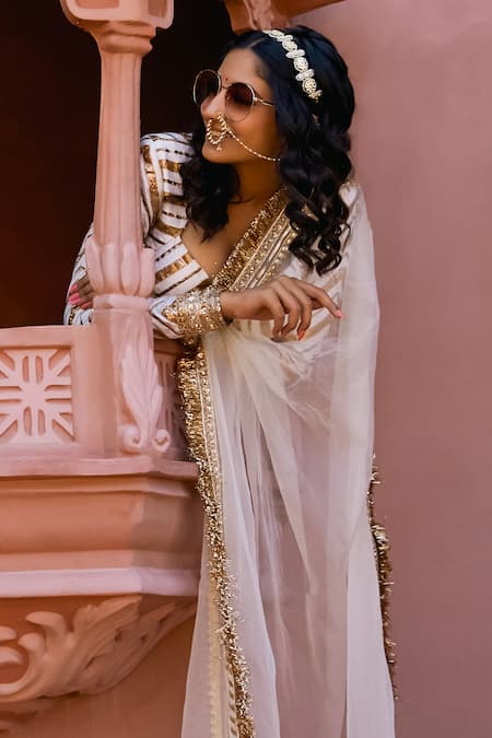 Buy Ranbir Mukherjee Calcutta Ivory Organza, Silk Gota Patti, Lace Saree Set Online at Aza Fashions Buy_Ranbir Mukherjee Calcutta_Ivory Organza, Silk Gota Patti, Lace Saree Set _Online_at_Aza_Fashions