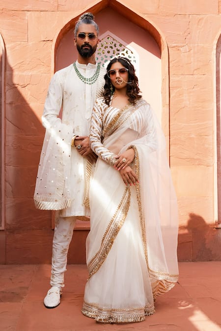 Shop Ranbir Mukherjee Calcutta Ivory Organza, Silk Gota Patti, Lace Saree Set Online at Aza Fashions Shop_Ranbir Mukherjee Calcutta_Ivory Organza, Silk Gota Patti, Lace Saree Set _Online_at_Aza_Fashions