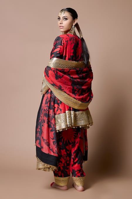 Ranbir Mukherjee Calcutta Red & Black Suzani Gota Patti Kurta Set 