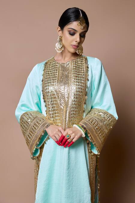 Ranbir Mukherjee Calcutta Sky Blue Silk Gota Patti Round Neck Kurta Set Online at Aza Fashions Ranbir Mukherjee Calcutta_Sky Blue Silk Gota Patti Round Neck Kurta Set _Online_at_Aza_Fashions