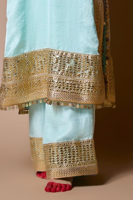 Buy Ranbir Mukherjee Calcutta Sky Blue Silk Gota Patti Round Neck Kurta Set Online at Aza Fashions Buy_Ranbir Mukherjee Calcutta_Sky Blue Silk Gota Patti Round Neck Kurta Set _Online_at_Aza_Fashions