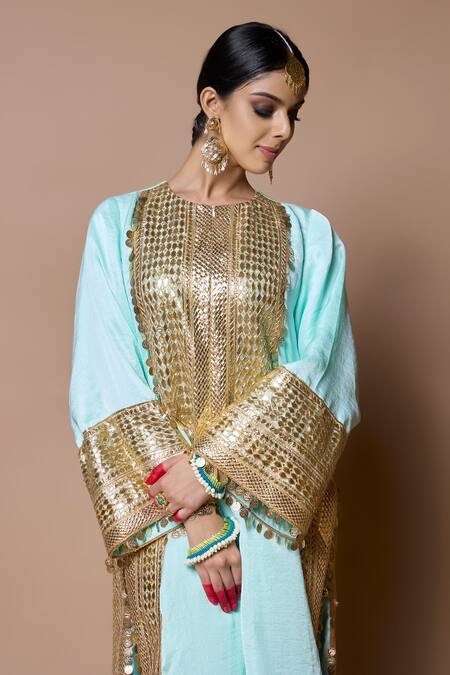 Shop Ranbir Mukherjee Calcutta Sky Blue Silk Gota Patti Round Neck Kurta Set Online at Aza Fashions Shop_Ranbir Mukherjee Calcutta_Sky Blue Silk Gota Patti Round Neck Kurta Set _Online_at_Aza_Fashions