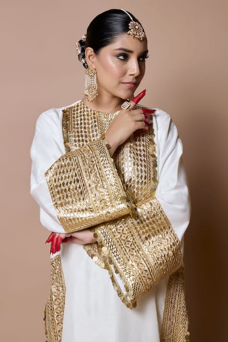 Ranbir Mukherjee Calcutta Ivory Cotton Gota Patti Round Neck Kurta Set Online at Aza Fashions Ranbir Mukherjee Calcutta_Ivory Cotton Gota Patti Round Neck Kurta Set _Online_at_Aza_Fashions