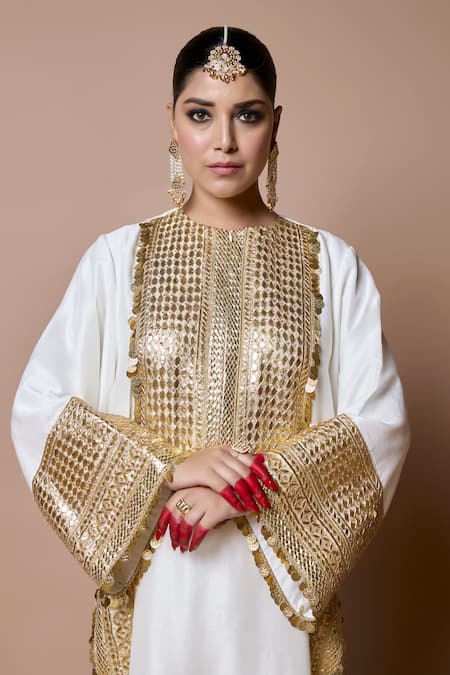 Buy Ranbir Mukherjee Calcutta Ivory Cotton Gota Patti Round Neck Kurta Set Online at Aza Fashions Buy_Ranbir Mukherjee Calcutta_Ivory Cotton Gota Patti Round Neck Kurta Set _Online_at_Aza_Fashions