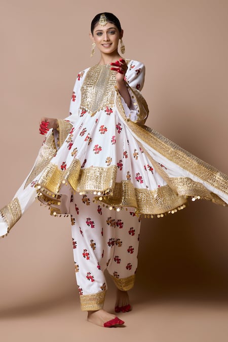 Ranbir Mukherjee Calcutta_Multi Color Silk Gota Patti Round Neck Mogra Print Kurta Set _Online_at_Aza_Fashions