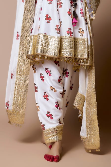 Buy_Ranbir Mukherjee Calcutta_Multi Color Silk Gota Patti Round Neck Mogra Print Kurta Set _Online_at_Aza_Fashions