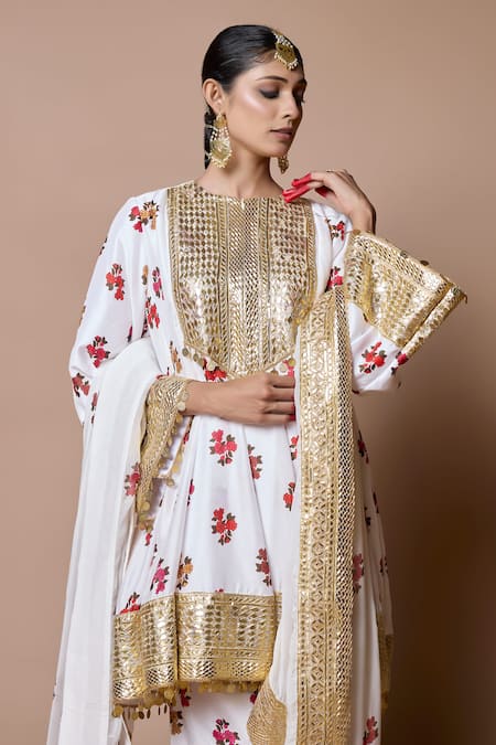 Shop_Ranbir Mukherjee Calcutta_Multi Color Silk Gota Patti Round Neck Mogra Print Kurta Set _Online_at_Aza_Fashions