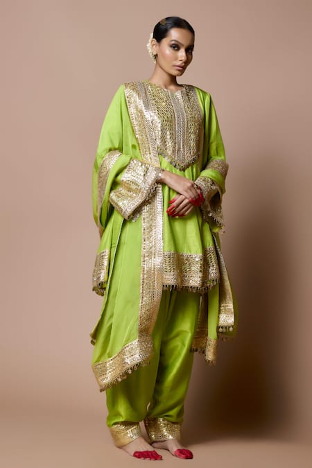 Ranbir Mukherjee Calcutta Green Silk Gota Patti Round Neck Kurta Set Online at Aza Fashions Ranbir Mukherjee Calcutta_Green Silk Gota Patti Round Neck Kurta Set _Online_at_Aza_Fashions