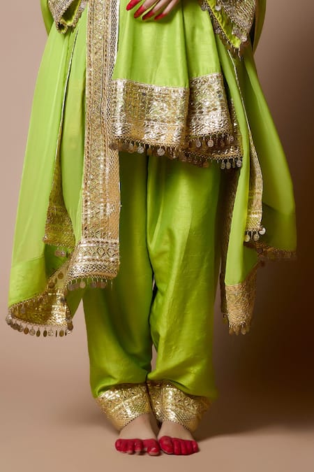 Buy Ranbir Mukherjee Calcutta Green Silk Gota Patti Round Neck Kurta Set Online at Aza Fashions Buy_Ranbir Mukherjee Calcutta_Green Silk Gota Patti Round Neck Kurta Set _Online_at_Aza_Fashions