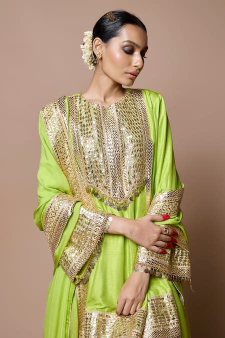 Shop Ranbir Mukherjee Calcutta Green Silk Gota Patti Round Neck Kurta Set Online at Aza Fashions Shop_Ranbir Mukherjee Calcutta_Green Silk Gota Patti Round Neck Kurta Set _Online_at_Aza_Fashions