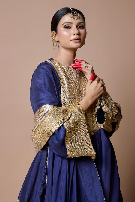Buy Ranbir Mukherjee Calcutta Blue Silk Gota Patti Round Neck Salwar Suit Set Online at Aza Fashions Buy_Ranbir Mukherjee Calcutta_Blue Silk Gota Patti Round Neck Salwar Suit Set _Online_at_Aza_Fashions
