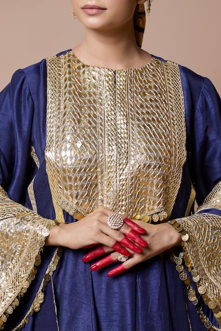 Shop Ranbir Mukherjee Calcutta Blue Silk Gota Patti Round Neck Salwar Suit Set Online at Aza Fashions Shop_Ranbir Mukherjee Calcutta_Blue Silk Gota Patti Round Neck Salwar Suit Set _Online_at_Aza_Fashions