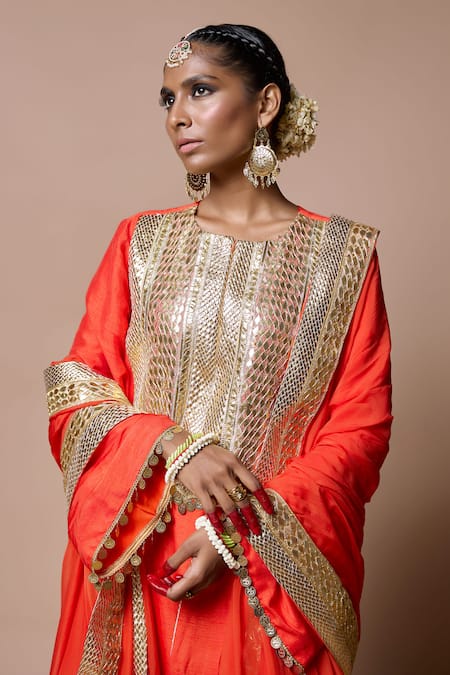 Buy_Ranbir Mukherjee Calcutta_Orange Cotton Gota Patti, Sequins Round Neck Kurta Pant Set _Online_at_Aza_Fashions