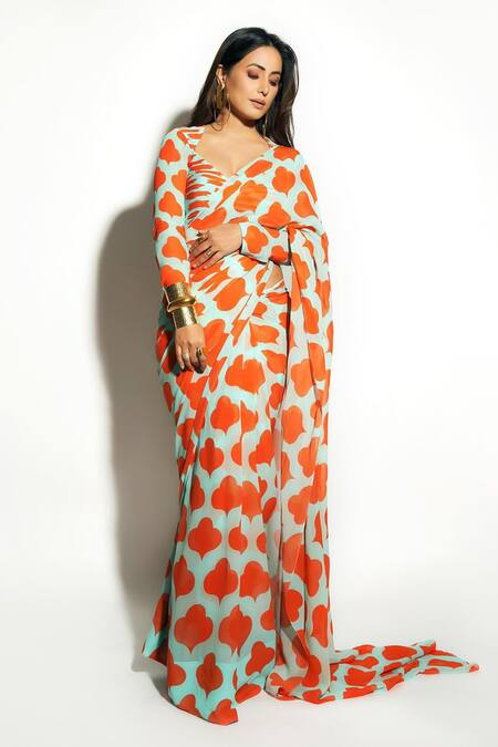 Buy_Ranbir Mukherjee Calcutta_Teal Georgette Printed Saree Set _Online_at_Aza_Fashions