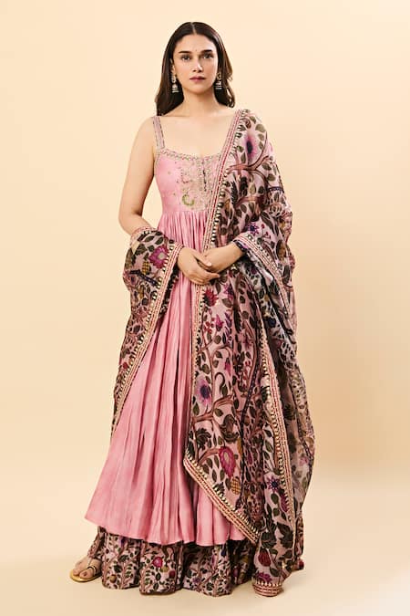 Punit Balana Pink Chiffon Embroidery Square Neck Dusky Anarkali Set Online at Aza Fashions Punit Balana_Pink Chiffon Embroidery Square Neck Dusky Anarkali Set _Online_at_Aza_Fashions