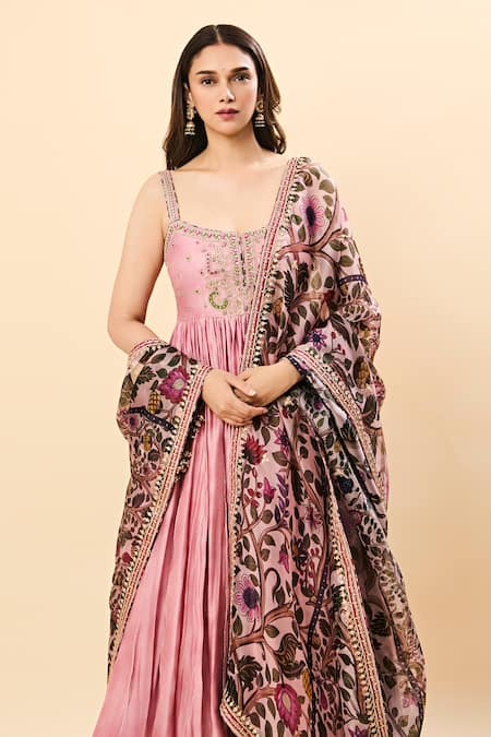 Shop Punit Balana Pink Chiffon Embroidery Square Neck Dusky Anarkali Set Online at Aza Fashions Shop_Punit Balana_Pink Chiffon Embroidery Square Neck Dusky Anarkali Set _Online_at_Aza_Fashions