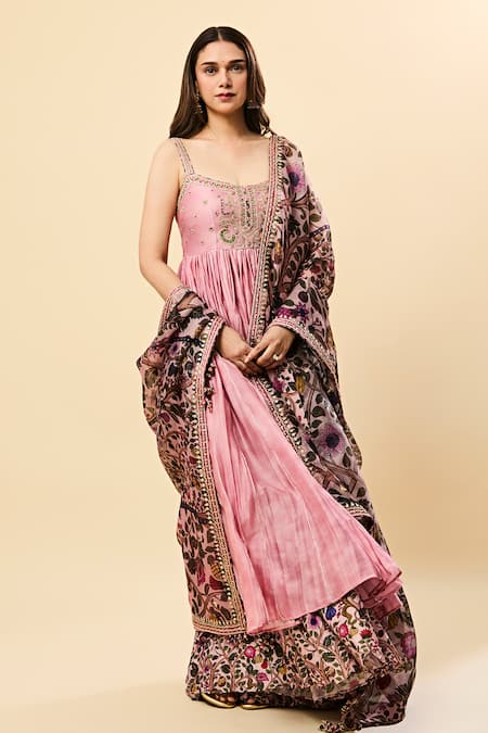Punit Balana Pink Chiffon Embroidery Square Neck Dusky Anarkali Set at Aza Fashions Punit Balana_Pink Chiffon Embroidery Square Neck Dusky Anarkali Set _at_Aza_Fashions