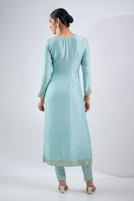 Shop Neha Khullar Sky Blue Silk, Organza Mirrors Round Neck Embroidered Kurta Set at Aza Fashions Shop_Neha Khullar_Sky Blue Silk, Organza Mirrors Round Neck Embroidered Kurta Set _at_Aza_Fashions