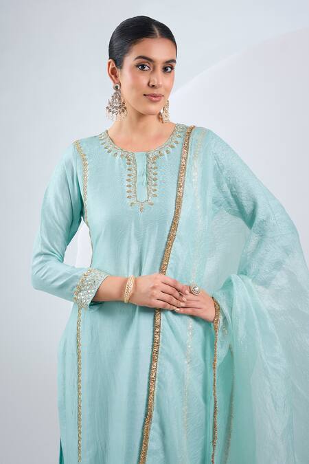 Buy Neha Khullar Sky Blue Silk, Organza Mirrors Round Neck Embroidered Kurta Set Online at Aza Fashions Buy_Neha Khullar_Sky Blue Silk, Organza Mirrors Round Neck Embroidered Kurta Set _Online_at_Aza_Fashions