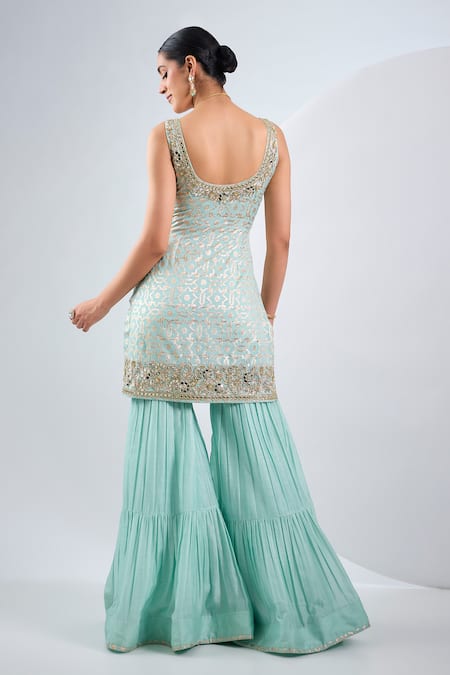 Shop_Neha Khullar_Sky Blue Brocade, Chanderi, Chiffon Embroidery Round Neck Kurta And Sharara Set _at_Aza_Fashions