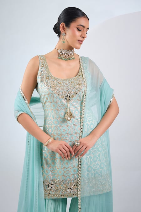 Neha Khullar_Sky Blue Brocade, Chanderi, Chiffon Embroidery Round Neck Kurta And Sharara Set _Online_at_Aza_Fashions