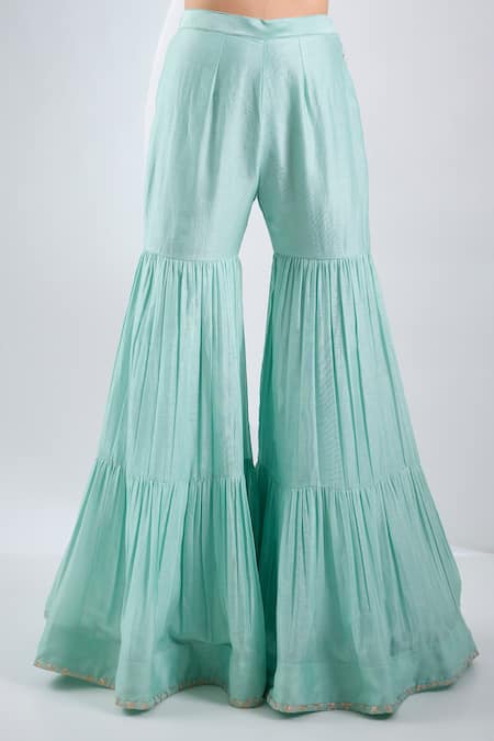 Buy_Neha Khullar_Sky Blue Brocade, Chanderi, Chiffon Embroidery Round Neck Kurta And Sharara Set _Online_at_Aza_Fashions