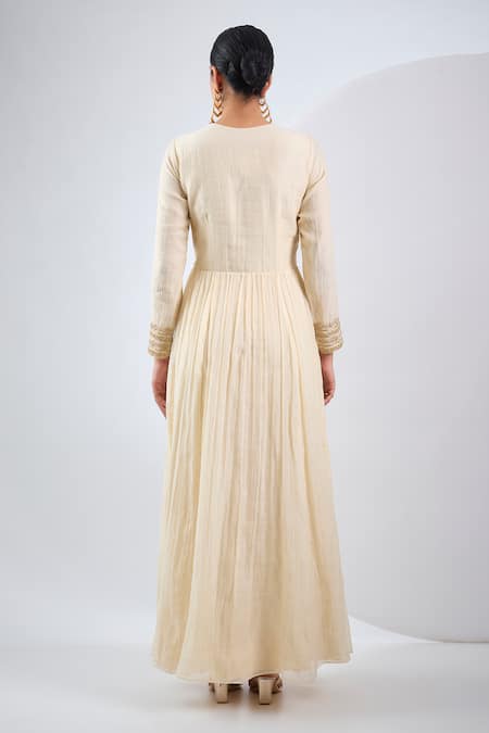 Shop_Neha Khullar_Ivory Silk, Chanderi, Organza Embroidery V-neck Hand Anarkali Set _at_Aza_Fashions