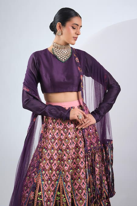 Neha Khullar_Purple Satin, Silk Embroidery Round Neck And Pink Printed Lehenga Set _Online_at_Aza_Fashions