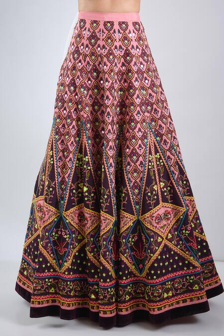 Buy_Neha Khullar_Purple Satin, Silk Embroidery Round Neck And Pink Printed Lehenga Set _Online_at_Aza_Fashions