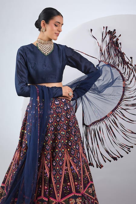 Neha Khullar Navy Silk, Net Embroidery, Fringe Round Neck Blue Printed Lehenga Set Online at Aza Fashions Neha Khullar_Navy Silk, Net Embroidery, Fringe Round Neck Blue Printed Lehenga Set _Online_at_Aza_Fashions