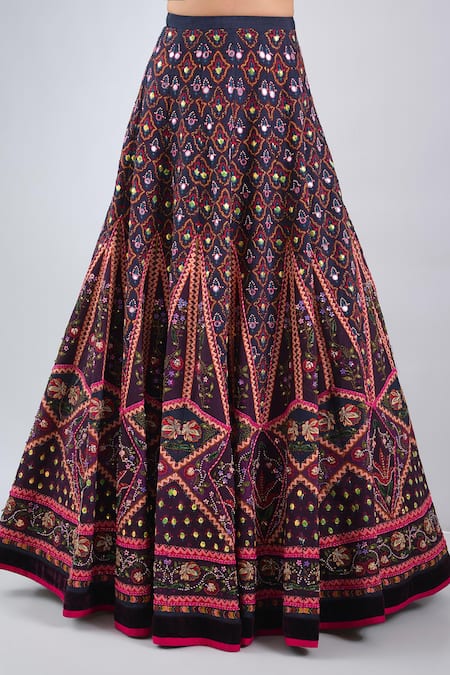 Buy Neha Khullar Navy Silk, Net Embroidery, Fringe Round Neck Blue Printed Lehenga Set Online at Aza Fashions Buy_Neha Khullar_Navy Silk, Net Embroidery, Fringe Round Neck Blue Printed Lehenga Set _Online_at_Aza_Fashions