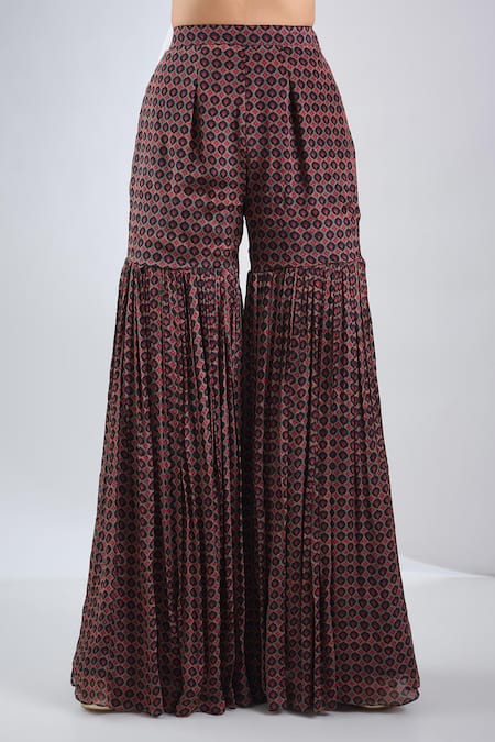 Neha Khullar_Black Chiffon, Viscose Embroidery V-neck Printed Anarkali Sharara Set _Online_at_Aza_Fashions