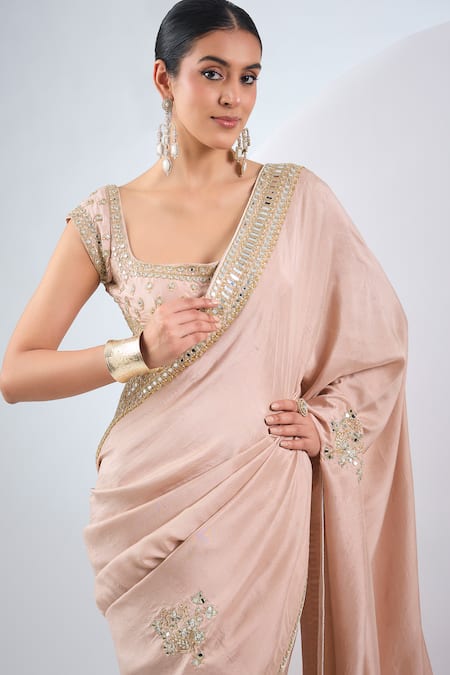 Buy_Neha Khullar_Blush Silk Embroidery, Sequins Square Neck Hand Dupion Saree Set _Online_at_Aza_Fashions