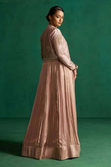 Shop Hirika & Dhruti Beige Satin, Silk, Chanderi Embroidery Round Neck, Pleated Anarkali With Jacket at Aza Fashions Shop_Hirika & Dhruti_Beige Satin, Silk, Chanderi Embroidery Round Neck, Pleated Anarkali With Jacket _at_Aza_Fashions