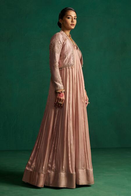 Hirika & Dhruti Beige Satin, Silk, Chanderi Embroidery Round Neck, Pleated Anarkali With Jacket Online at Aza Fashions Hirika & Dhruti_Beige Satin, Silk, Chanderi Embroidery Round Neck, Pleated Anarkali With Jacket _Online_at_Aza_Fashions