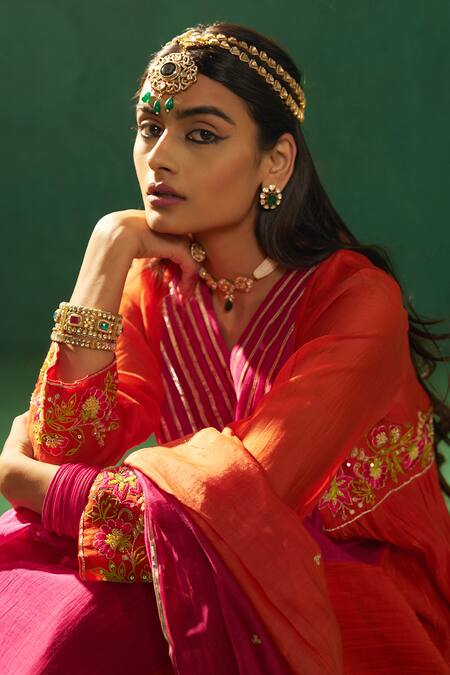 Hirika & Dhruti_Rust Chanderi Embroidery V-neck Two Tone Kurta Set _Online_at_Aza_Fashions