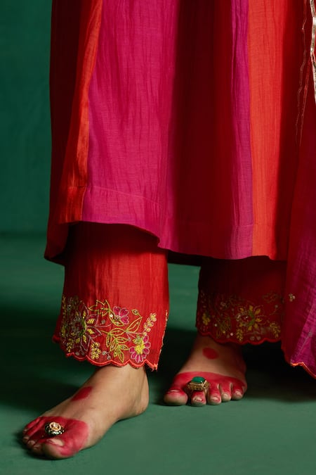 Buy_Hirika & Dhruti_Rust Chanderi Embroidery V-neck Two Tone Kurta Set _Online_at_Aza_Fashions